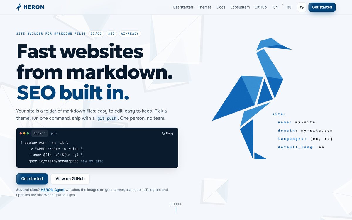 HERON theme: a product site with a paper heron in the hero